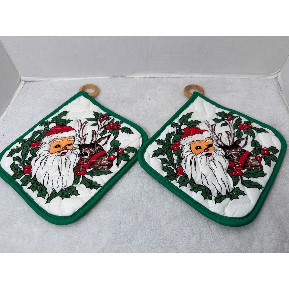 Vintage MCM Pot Holders White Santa Reindeer Christmas Set of 2 Wooden Hooks